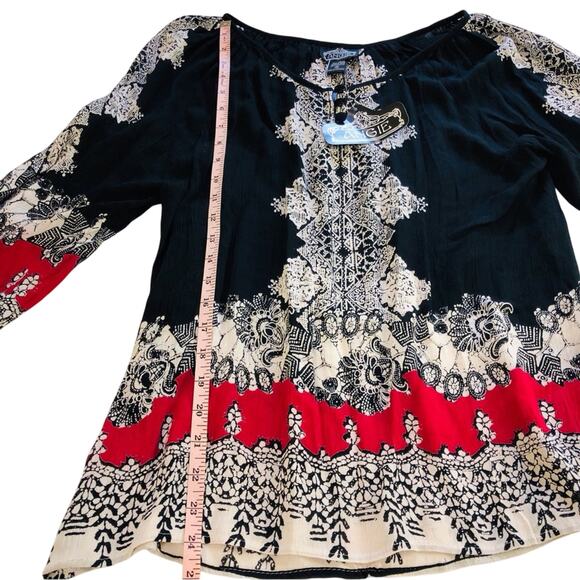 NWT Angie Black Red Boho Inspired Print Long Sleeve Top 3 button Scoop Neck Top - Picture 5 of 16